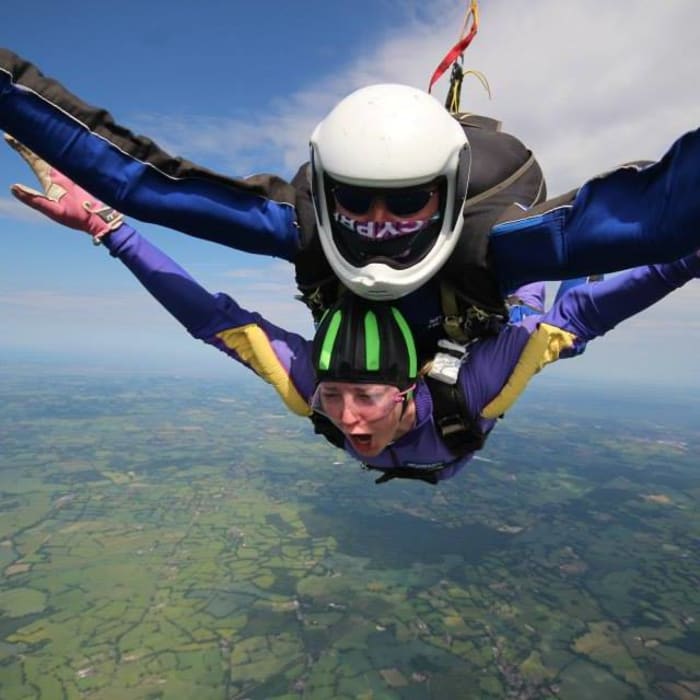 Lucy skydiving close up