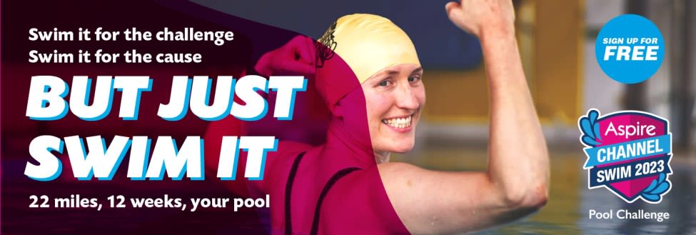 Aspire Channel Swim banner with woman holding her arm up