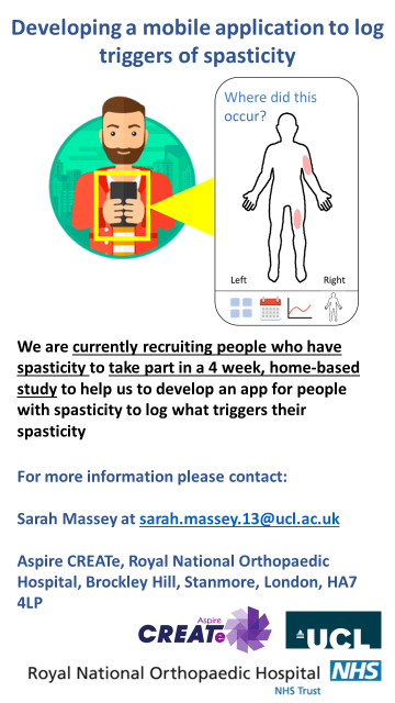 Flyer for research into the development of a mobile application to manage spasticity in adults