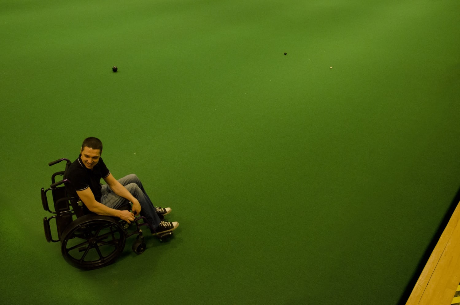 Gabriel in his bowling wheelchair